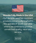 American flag with text 'Wonderfully Made in the USA' and description about durable products crafted in South Carolina.
