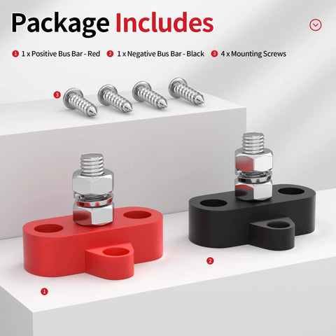 12V 250A Power Distribution Block Set with positive red and negative black junction blocks, 5/16 inch studs, and screws.