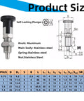 Heavy Duty Stainless Steel Spring Plunger With No Slip Self Locking Knob And Precision Positioning Pin For Garage Jobs dimensions chart.