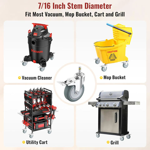 Set Of Four Heavy Duty Workhorse TPR Rubber Caster Wheels With Sturdy Steel Base And Lock It Down Tight Brakes Slick Rolling 4 Inch Casters For Utility Carts Shop Vacs Grills 7 16 Stem displayed with mop bucket, vacuum, utility cart, and grill.