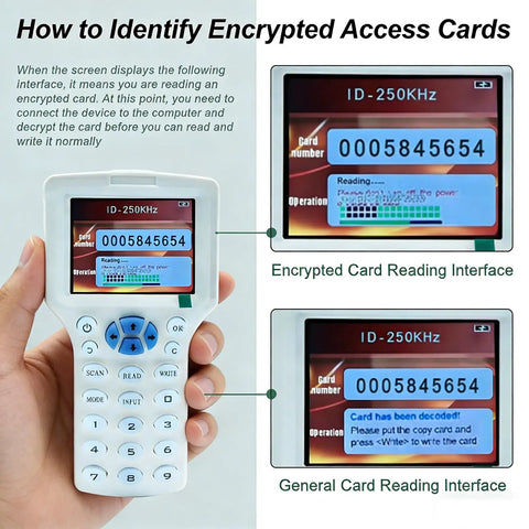Pro Grade All In One Multi Frequency RFID Copier And Reader showing card reading interface on screen
