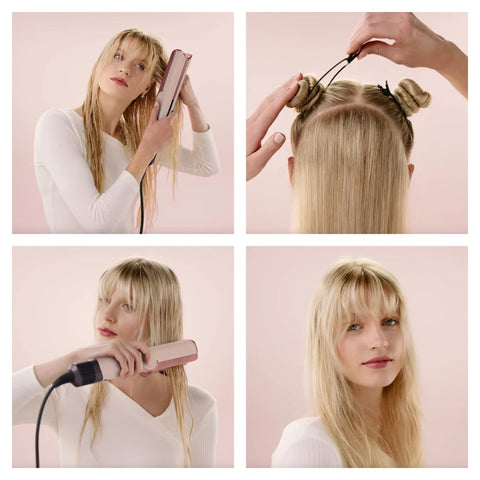 Woman using Airstrait Wet To Dry Hair Straightener With No Heat Damage And No Hot Plates for smooth frizz-free styling
