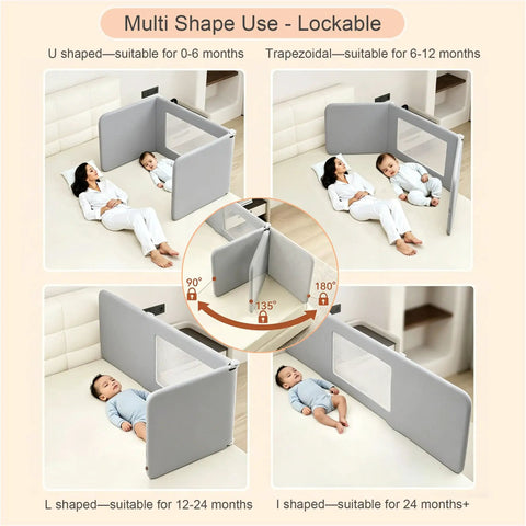 Portable Baby Bed Rail for Toddlers Foldable Travel Guard with 3 Lock Angles no install, multi-shape use shown on bed