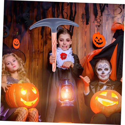 Child holding Inflatable Pickaxe 4 Pack for Party Favors and Pranks, Safe PVC Material, Easy to Inflate, Halloween themed