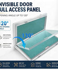 Sturdy Aluminum Alloy Recessed Drywall Access Panel Featuring Slick Flush Mount No Sweat Paint Match Seamless Ceiling Blend Easy Lift Handle open at 120 degrees.