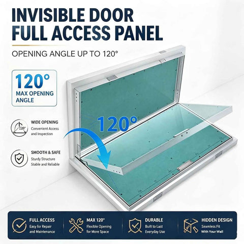 Sturdy Aluminum Alloy Recessed Drywall Access Panel Featuring Slick Flush Mount No Sweat Paint Match Seamless Ceiling Blend Easy Lift Handle open at 120 degrees.