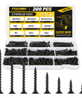 300 Piece Drywall And Wood Screws Assortment Kit With Flat Head Coarse Thread Phillips Drive Black Finish DIY Friendly Eight Sizes From Two Inch To One Half Inch shown in open compartment box.