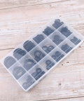 Grommet Rubber Sealing Gasket Kit 125 Piece Set In Black With Plastic Storage Box shown open with assorted rubber seals