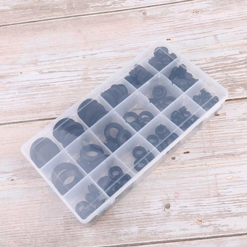 Grommet Rubber Sealing Gasket Kit 125 Piece Set In Black With Plastic Storage Box shown open with assorted rubber seals