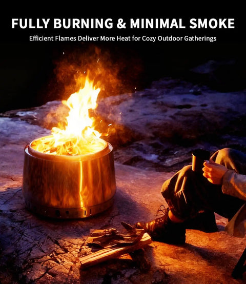 Smokeless 21 Inch Fire Pit With Dual Airflow For Clean Burn Stainless Steel Outdoor Firepit With Detachable Ash Pan lit during camping