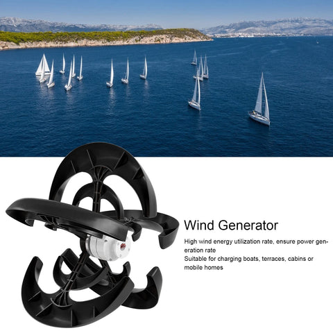 Image of the Beefy 1200W Vertical Axis Wind Turbine Kit With 12V Controller. Shows five-blade reinforced nylon design with water backdrop.