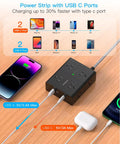 Hella Dependable 25 Ft Extension Cord With Flat Plug Surge Protector Power Strip for Home Office, with USB A and C ports, wooden surface.