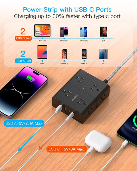 Hella Dependable 25 Ft Extension Cord With Flat Plug Surge Protector Power Strip for Home Office, with USB A and C ports, wooden surface.