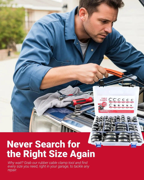 Mechanic using 125 Piece Stainless Steel Cable Clamps Assortment Kit with Rubber Cushioned P Clips on engine