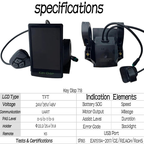 Ride-Ready Ebike LCD Display Meter KD718 Waterproof Bike Computer with specifications chart on TFT screen, black