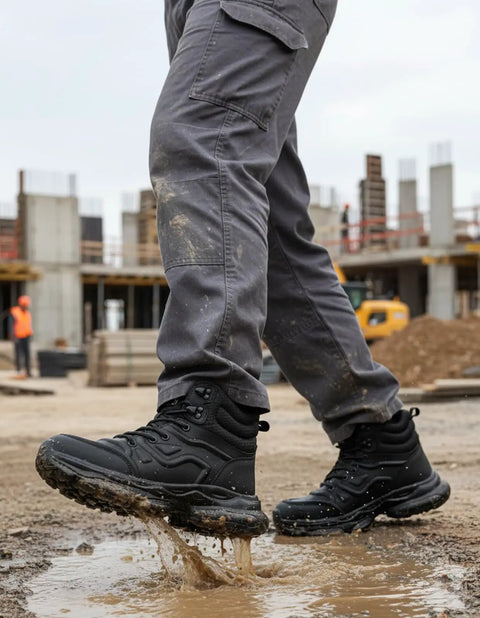 Person wearing Mens Steel Toe Work Boots Waterproof Safety Shoes For Job Sites, Rugged All Day Comfort, ASTM F2413-18 Certified, Black Industrial Boot With Durable Uppers stepping through mud on a construction site.