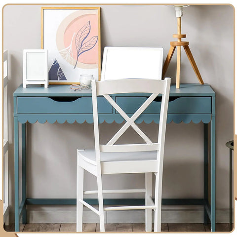 Natural Unfinished Scalloped Wood Trim With Wavy Edges And 10 Small Curves Per Piece Perfect For Room Refreshes And Easy Diy Upgrades Bringing A Solid Cozy Vibe seen on a blue desk with decorative items.