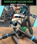 16 Foot Universal Dust Collection Hose For Home And Shop Vacuum Systems Includes 6 Pro-Grade Adapters For Woodworking Tools And Sander Works With Most Brands Heavy Duty Silver Gray Vacuum Hose connected to various tools