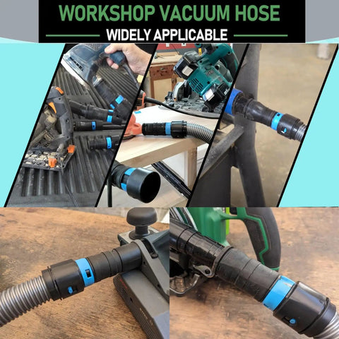 16 Foot Universal Dust Collection Hose For Home And Shop Vacuum Systems Includes 6 Pro-Grade Adapters For Woodworking Tools And Sander Works With Most Brands Heavy Duty Silver Gray Vacuum Hose connected to various tools