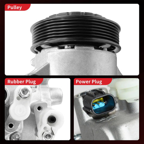 Detailed view of Straight Up AC Compressor With Integrated Clutch, showing pulley, rubber plug, and power plug for Toyota Corolla 2011-2013.