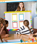 Teacher using Rainbow Science Fair Board Kit with 60 scalloped borders, 24 subtitles, and 6 stickers in classroom display