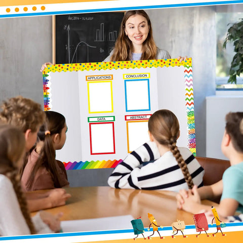 Teacher using Rainbow Science Fair Board Kit with 60 scalloped borders, 24 subtitles, and 6 stickers in classroom display