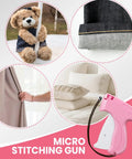 Upgraded Handheld Stitch Gun For Quick Clothing Fixes Smart Tagging Tool For Snag Free Fabric Mending On Denim And Wool features pink micro stitching gun with teddy bear and fabric mending images.