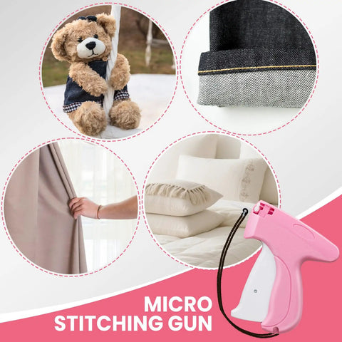 Upgraded Handheld Stitch Gun For Quick Clothing Fixes Smart Tagging Tool For Snag Free Fabric Mending On Denim And Wool features pink micro stitching gun with teddy bear and fabric mending images.