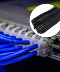 Split Cable Sleeve Set For USB Chargers And Audio Video Cables, showing black wire loom tubing and blue cables in use.