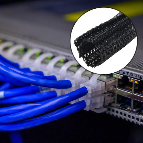 Split Cable Sleeve Set For USB Chargers And Audio Video Cables, showing black wire loom tubing and blue cables in use.