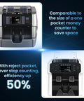 Mixed Denomination Money Counter And Sorter With Reject Pocket Pro, Multi Currency Note Counter showing size comparison and reject pocket efficiency features