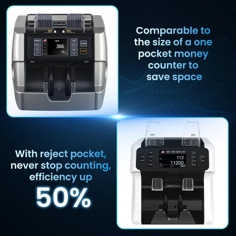 Mixed Denomination Money Counter And Sorter With Reject Pocket Pro, Multi Currency Note Counter showing size comparison and reject pocket efficiency features
