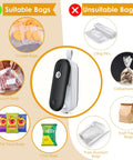 Image showing Super Slick Mini Heat Sealer With Built In Cutter That Reseals Chip Bags Smoothly, highlighting suitable and unsuitable bag types.