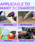 Electric Air Duster And Blower For Keyboard, PC And Electronics in use for laptops, workshops, balloons, and grills.