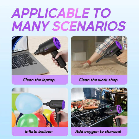 Electric Air Duster And Blower For Keyboard, PC And Electronics in use for laptops, workshops, balloons, and grills.