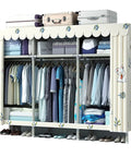 Kick Clutter To The Curb With This Spacious Metal Wardrobe Closet Featuring Three Heavy Duty Hanging Rods Three Secure Shelves Two Side Pockets And Completely Hassle Free Assembly, beige wardrobe with clothing and luggage.