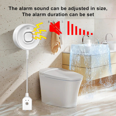 Smart WiFi Water Leak Detector With 100dB Alarm And App Alerts installed near bathroom sink to detect leaks.