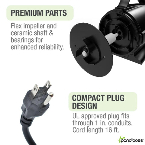 Premium parts of Waterfall Pond Pump 2300 GPH With Anti Clog Technology Energy Efficient And Quiet Easy Assembly, flex impeller, compact plug.