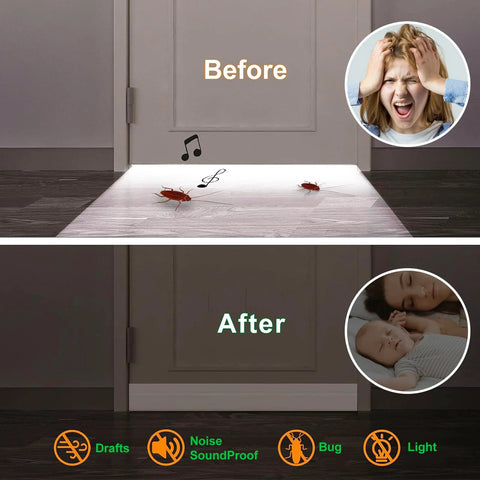 Front view: two white Suptikes door draft stoppers under a door; 1.8 in W x 37 in L.