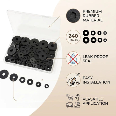 240 Piece Rubber Washers Set In 6 Sizes Black Sealing Gaskets For Plumbing And DIY Repairs Durable Heat Resistant Seals For Home Maintenance Projects Right Now in box, assorted sizes