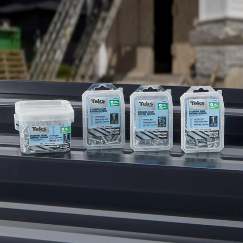 Heavy Duty Size 10 X 1 Inch Low Profile Standing Seam Metal Roofing Screws With Quick Bite Sharp Point For Fast Wood Deck Installations And Flush Pancake Head Design To Stop Dimples, 360 Pack displayed in clear containers.