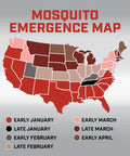 U.S. map showing mosquito emergence times by state; Backyard Mosquito And Bug Killer Ready To Spray For Outdoor Pest Control.