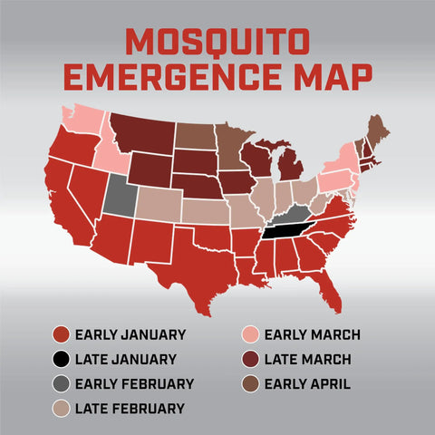 U.S. map showing mosquito emergence times by state; Backyard Mosquito And Bug Killer Ready To Spray For Outdoor Pest Control.