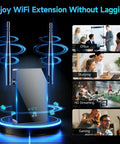 4X Faster WiFi Extender With Ethernet Port, Long Range Home Signal Booster lit up in black with dual antennas, activities in background