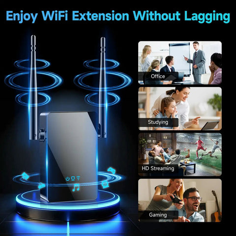 4X Faster WiFi Extender With Ethernet Port, Long Range Home Signal Booster lit up in black with dual antennas, activities in background