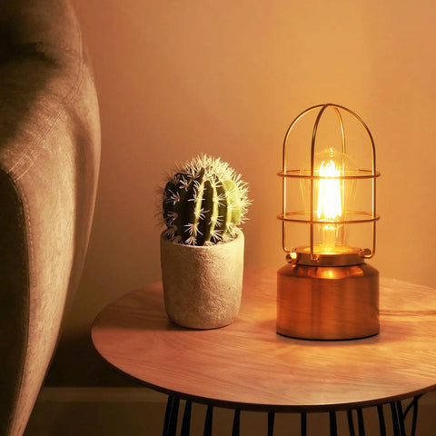 Industrial 3-Way Dimmable Desk Lamp With USB Ports, Touch Control on wooden table with cactus, soft warm light illuminating