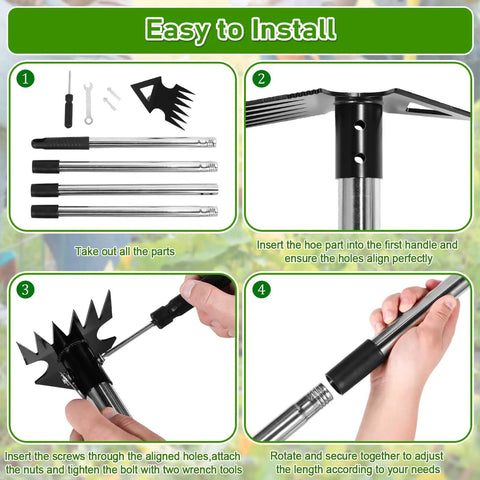 Step-by-step assembly of Beefy 56 Inch Long Handle Weed Puller Tool Dual Head 2 In 1 Weed Rake And Garden Hoe for easy installation.
