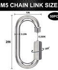 Dimensions of Fifty 2 Inch Chain Quick Links Set M5 Galvanized Steel Heavy Duty Carabiner Clips with 650 lb capacity, 50 pcs shown