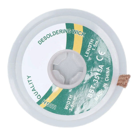 Top view of 1.5m copper desoldering wick roll showing label, focus: Copper Desoldering Wick 1.5 Meter For Quick No Fuss Clean Solder Removal In Electronics Repair And PCB DIY High Purity Alloy Copper Braid Fast Heat Transfer And Minimal Residue 3.5mm Roll.