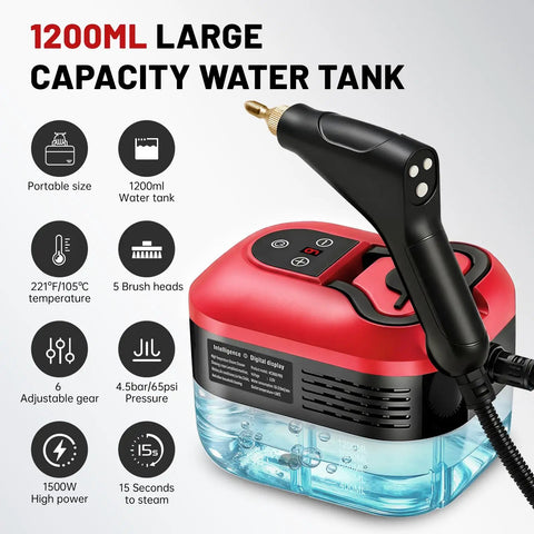 Heavy Duty Handheld Steam Cleaner Straight Up Game Changer For House And Garage With Six Adjustable Speeds Quick Heat Up Element Produces Intense Thermal Vapors To Knock Out Stubborn Stains Smoothly with 1200ml water tank and sleek design.